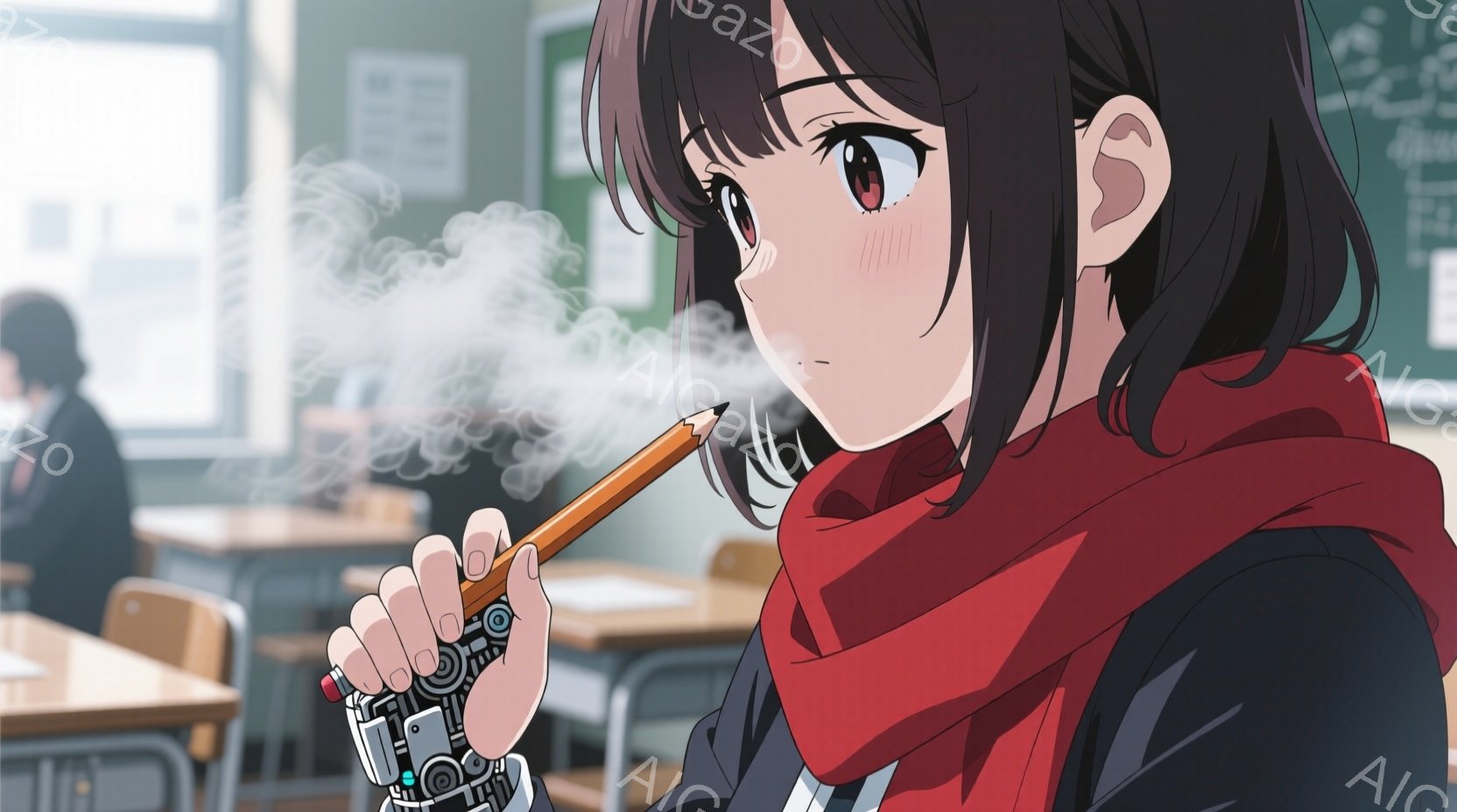 少女は教室で煙を吐き出すように描かれており、赤いスカーフを首に巻き、黒いジャケットを着ています。彼女の髪は黒く、肩にかかる長さで、少し乱れています。彼女の右腕は機械的なプロテシスで、左手で鉛筆を握り、わずかに困ったような表情をしています。