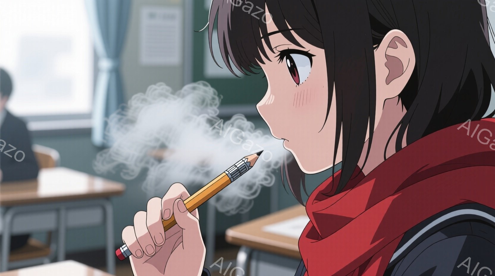 制服を着た若い女性が鉛筆を口にくわえ、煙を吐いている様子を描いています。彼女は黒髪で、赤いスカーフのようなものを首に巻いており、少し頬を赤らめています。教室の背景には机と椅子が並び、全体的に少し物憂げでミステリアスな雰囲気が漂っています。