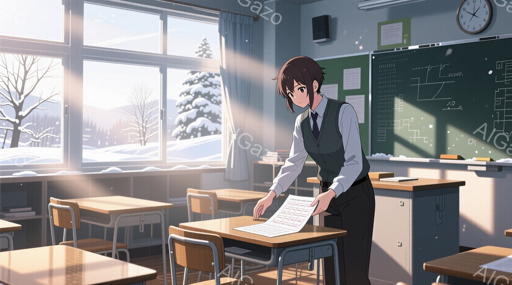 教室の中には、黒髪で制服を着た男子学生が立っている。彼は手元にある書類を見下ろし、少し考え込んでいるような表情をしている。窓の外は雪景色で、教室には柔らかい光が差し込み、冬の静けさと暖かさを感じさせる。