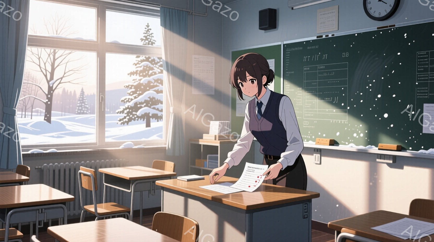 少女は教室で書類を見ながら立っている。彼女は濃い茶色のショートヘアで、白いシャツに濃い青のベスト、そしてスカートを着用しており、真剣な表情をしている。背景には雪景色が広がる冬の庭と、黒板に書かれた文字が見え、冷たい空気を感じさせるような静かで穏やかな雰囲気である。