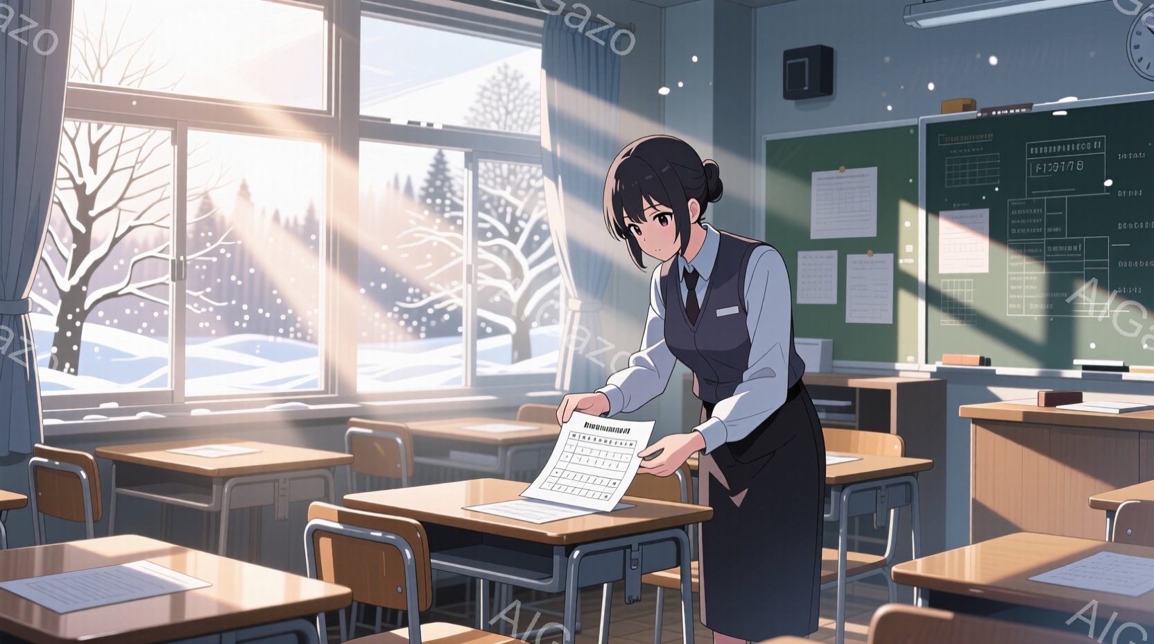 教室の中に、紺色のセーラー服を着た女子学生が立っている。彼女は黒髪を後ろでまとめ、書類を手に持ち、少し不安そうな表情をしている。窓の外には雪景色が広がり、教室には朝日が差し込み、静かで少し寂しい雰囲気が漂っている。
