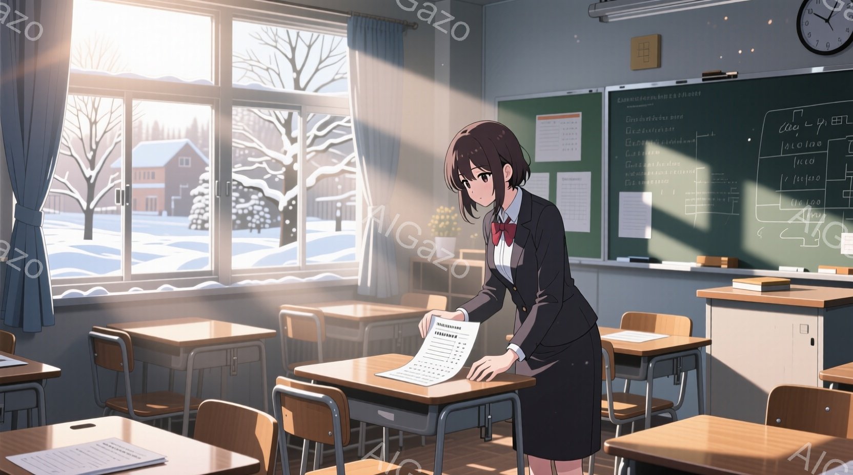 教室の中には、黒髪の長い女性が立っており、紺色のブレザーと白いシャツ、チェックのスカートを着用しています。彼女は書類を手に取り、机に寄りかかりながら、何かを確認しているようです。窓の外には雪景色が広がり、建物や木々が白く覆われています。