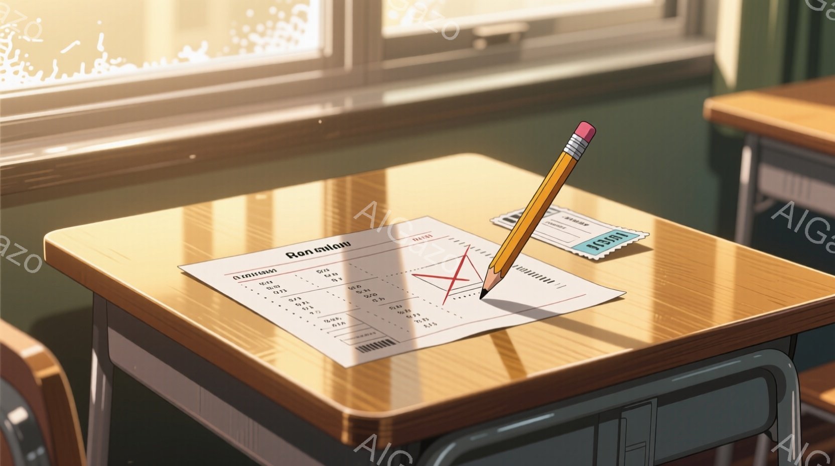 木製の机の上に試験用紙と鉛筆が置かれている。用紙には多くの選択肢が書かれており、一部に赤字でマークがされているのが見える。背景には教室の机と窓があり、暖かな日差しが差し込んで、静かで集中した雰囲気を醸し出している。