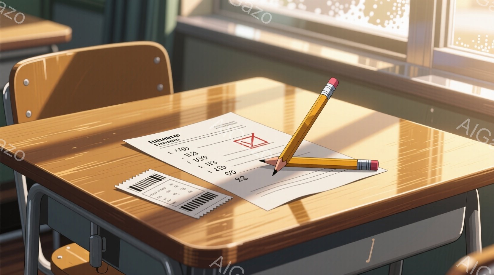 机の上にテストの用紙と鉛筆が置かれています。木製の机は光に照らされ、教室の窓から差し込む光が机の表面に影を作っています。背景には他の机と椅子の影が見え、静かで落ち着いた学校の雰囲気が漂っています。