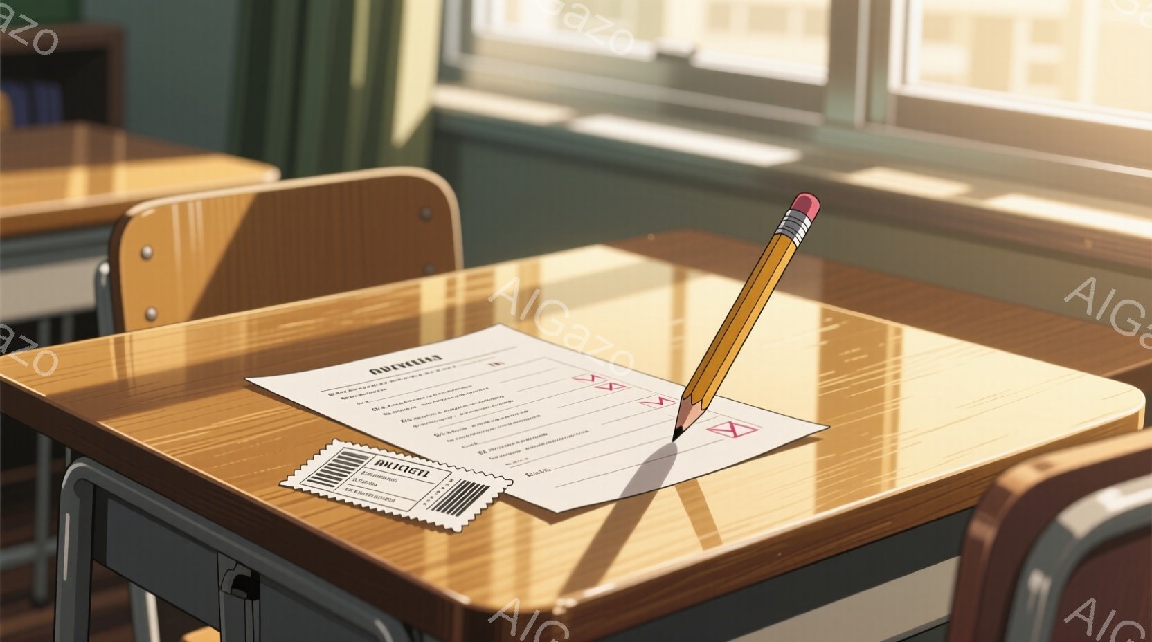 机の上にはテストの用紙と鉛筆が置かれており、太陽光が差し込み、明るい教室の様子が伺えます。木製の机は暖色で、テスト用紙の白と鉛筆の黄色がアクセントになっています。背景には他の机と椅子がぼんやりと見え、静かで落ち着いた学習環境が感じられます。