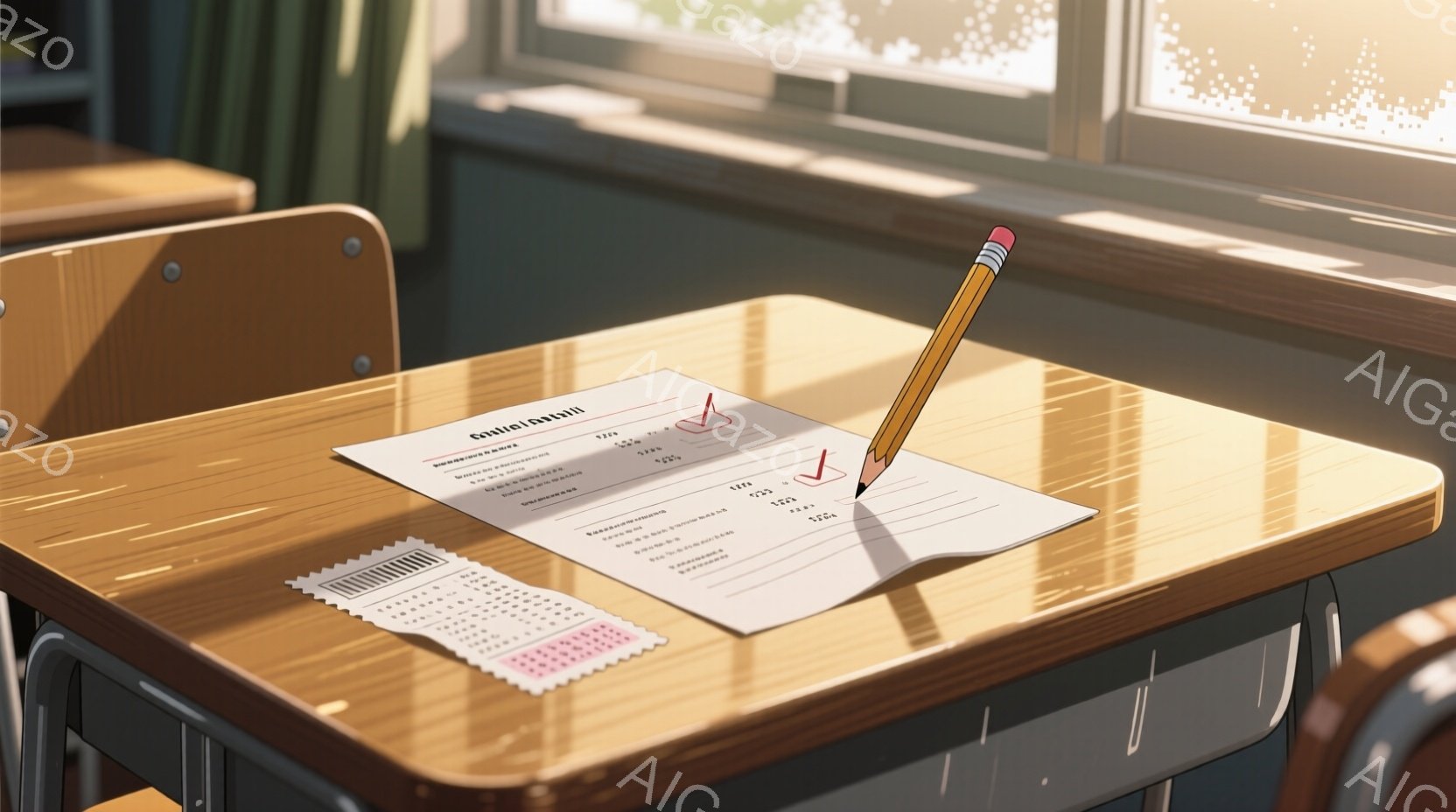 机の上にテスト用紙と鉛筆が置かれており、一部の解答にチェックが入っていることから、試験の最中または終了直後の様子であることがわかる。教室の窓から差し込む光が机の木目を照らし、暖かい雰囲気を作り出している。背景には他の机が見え、教室全体が静かで集中できる空間であることが伺える。