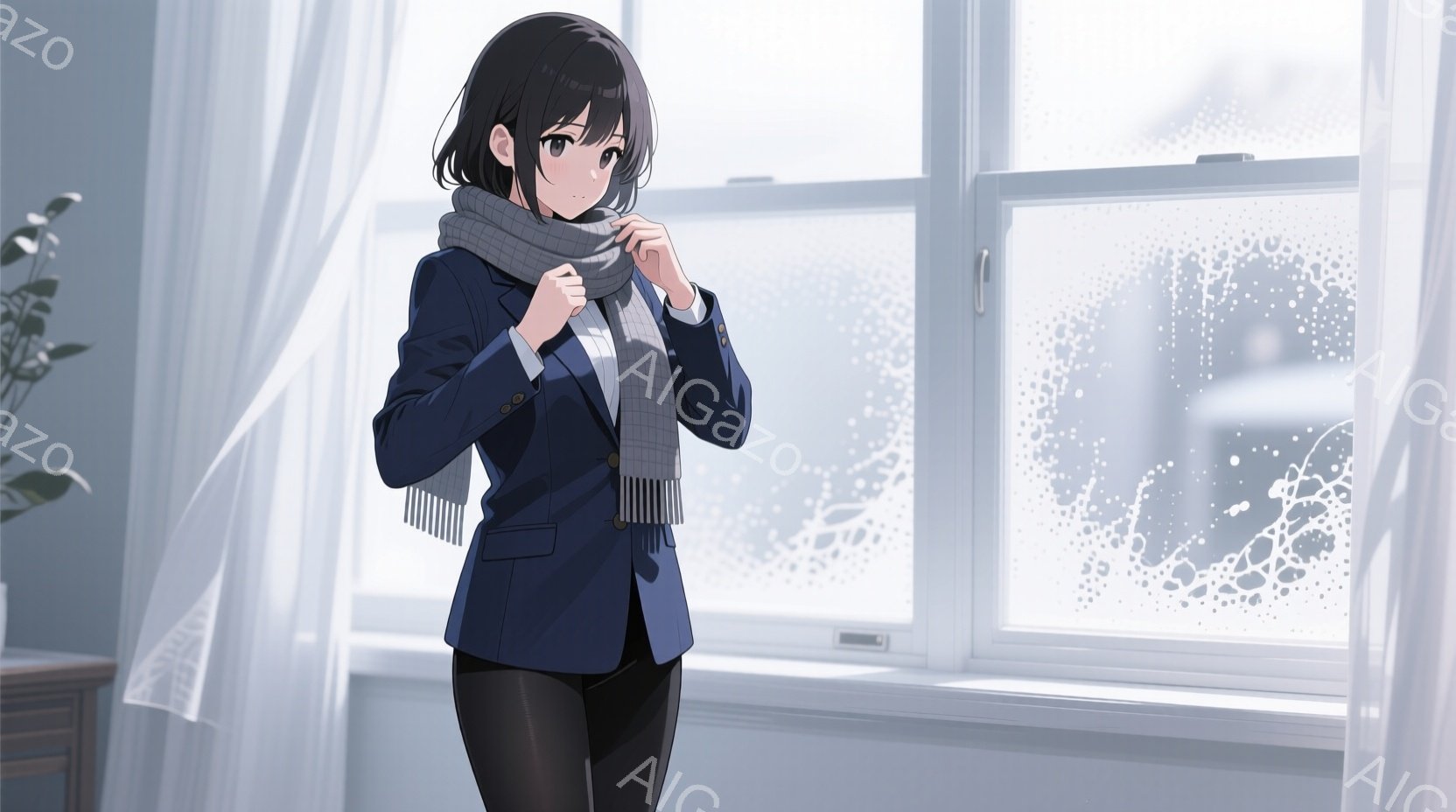 深い青色のジャケットを着た女性が写っています。彼女は灰色のストールを首に巻き、黒いタイツとパンプスを履いています。背景には窓があり、窓の外には建物の影と白い雪が降る様子が見え、室内は柔らかい光で満たされ、静かで穏やかな雰囲気が漂っています。