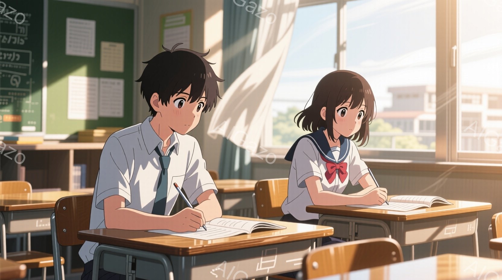 教室の席に座る少年と少女が描かれている。少年は黒髪で、白いシャツに紺色のブレザーを着ており、真剣な表情でノートに何かを書いている。少女は茶色の髪を少しカールさせ、白いシャツに濃い青色のセーラー服を着ており、頬を赤らめながら、少し照れたような表情でノートを見ている。
