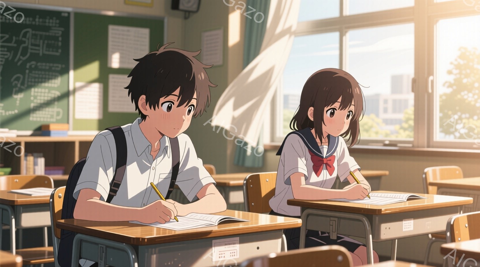 教室の中で、制服を着た少年と少女が机に向かって勉強している様子が描かれている。少年は黒髪で、少し困ったような表情でペンを握り、少女は茶髪をポニーテールにし、集中した面持ちで同じようにペンを持っている。窓の外には緑豊かな木々と晴れた空が見え、教室には温かい光が差し込んでいる。