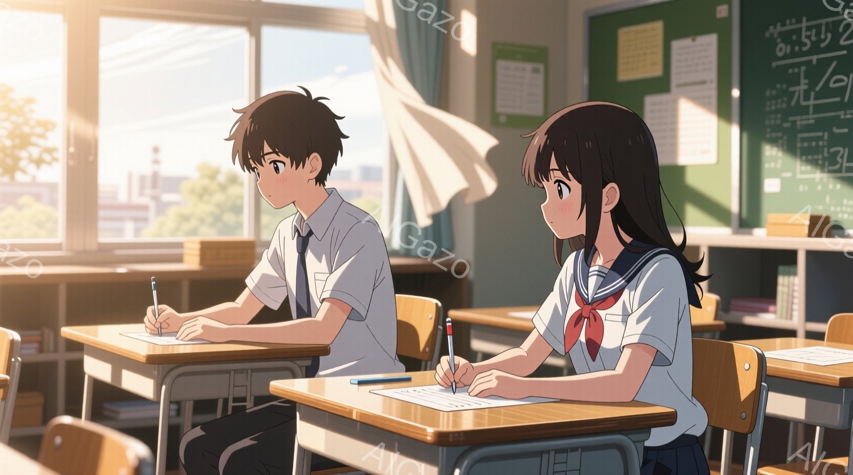 教室の席に座る少年と少女が描かれている。少年は短い黒髪で、白いシャツにネクタイ、黒いズボンを着用し、少し緊張した表情で筆記用具を持っている。少女はロングヘアで、セーラー服を着ており、真剣な眼差しでノートに何か書き込んでいる。