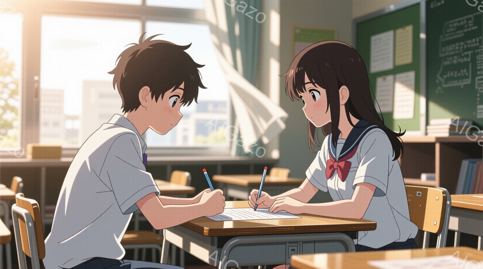 教室の机に向かい合い、少年と少女がそれぞれ筆記用具を持って何か書き込んでいる様子が描かれている。少年は黒髪で、ややうつむき加減で集中しているように見える。少女は長い黒髪を後ろでまとめ、赤いリボンを結ん - AI生成フリー素材