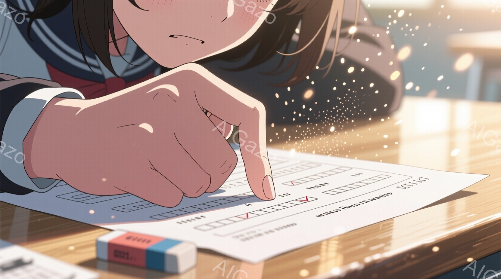 学生服を着た少女が、試験用紙の選択肢に指を当てています。彼女は少し緊張した表情で、集中して問題を解いているようです。木製の机の上には消しゴムが置かれ、背景はぼやけて暖かく、集中した試験の瞬間を捉えています。