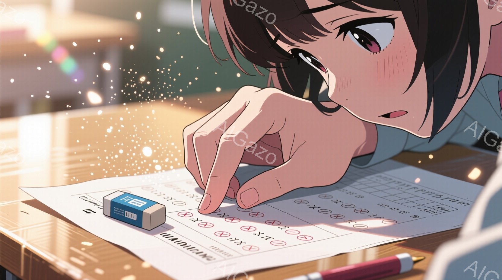 長い黒髪を肩から下で揺らし、少しうつむき加減で解答用紙に向かう女性が描かれている。彼女は薄いピンク色の頬と少し困ったような表情で、消しゴムと鉛筆を手にしている。木製のテーブルの上には解答用紙が広げられ、集中して試験に取り組んでいる様子が伝わる。