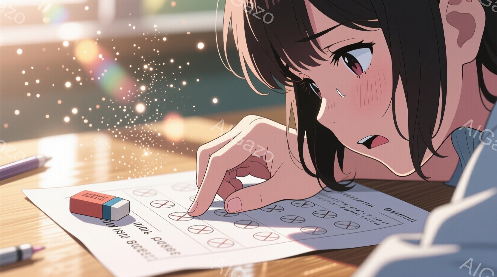 試験用紙に集中して取り組む女性が描かれています。彼女はダークブラウンの髪を肩まで伸ばし、真剣な表情でマークシートにシャーペンでマークしています。背景は少しぼやけており、木製の机の上と試験会場のような場所であることがわかります。