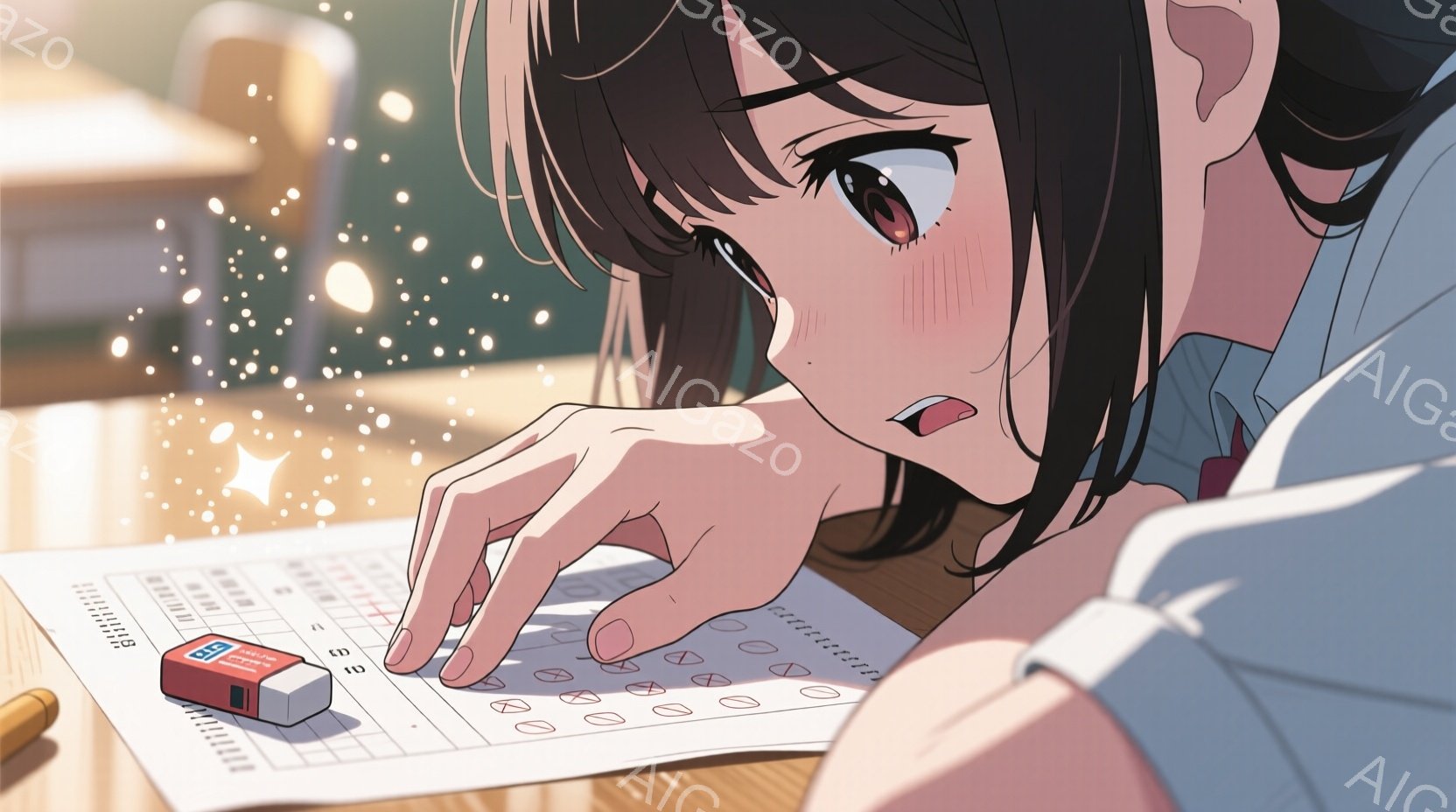 明るい色の髪を肩まで伸ばした女性が、試験用紙に集中して取り組んでいます。彼女は白いシャツを着ており、やや緊張した表情で、マークシートにシャーペンで答えを記入しています。背景は教室のようで、試験用紙の横には消しゴムが置かれ、全体的に集中と少しの不安が感じられる雰囲気です。