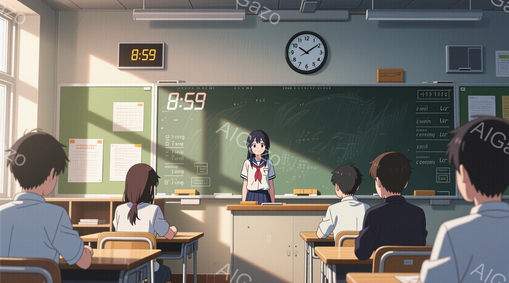 教室の様子で、数人の生徒が机に向かって座っている。一人の女子生徒が前に立っており、セーラー服を着て、少し緊張した表情をしている。背景には黒板があり、時刻が「8:59」と表示されていることから、授業開始直前の時間帯であることがわかる。