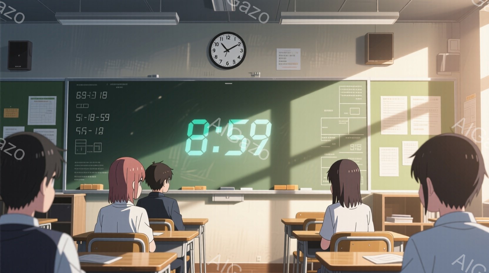 教室の様子で、生徒たちは全員前のめりになり、何か一点を見つめている。制服姿の生徒たちは、黒髪またはダークブラウンの髪で、表情ははっきりと見えないが、集中している様子が窺える。背景には黒板があり、デジタル時計が「8:59」を表示し、強い光が差し込み、教室全体に緊張感が漂っている。