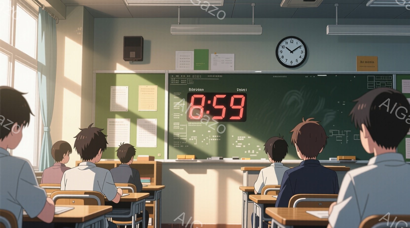 教室の様子で、生徒たちは皆前のめりになって何かを見ている様子です。制服を着た生徒たちは、黒髪または短髪で、集中した表情をしています。背景には黒板と時計があり、時刻は8時59分を示しており、朝日が差し込む暖かい雰囲気です。