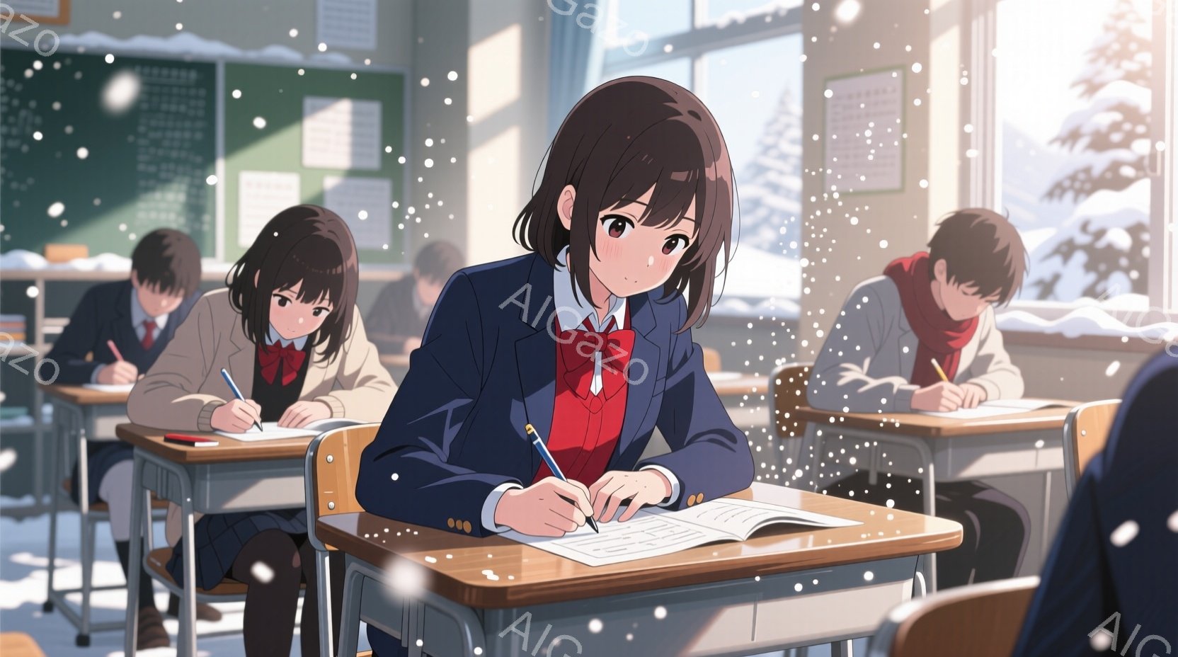 教室の中で、制服を着た生徒たちが授業を受けている様子が描かれている。窓の外は雪景色で、生徒たちは集中して試験に取り組んでいるようだ。特に、中央の女の子は赤いリボンが印象的で、真剣な表情でペンを走らせている。
