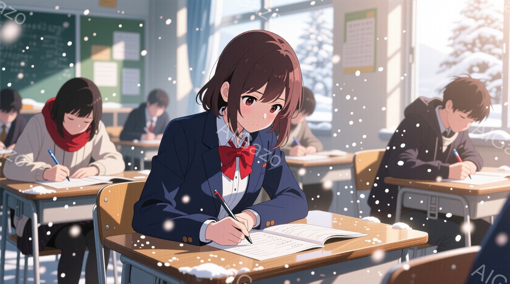 教室の中には、制服を着た生徒たちが描かれており、一人の少女は赤いリボンをつけ、真剣な表情でテストに取り組んでいます。窓の外は雪が降り積もり、白い景色が広がっており、教室には暖かく穏やかな雰囲気が漂っています。他の生徒たちも同様にテストに集中しており、冬の日の学習風景が描かれています。