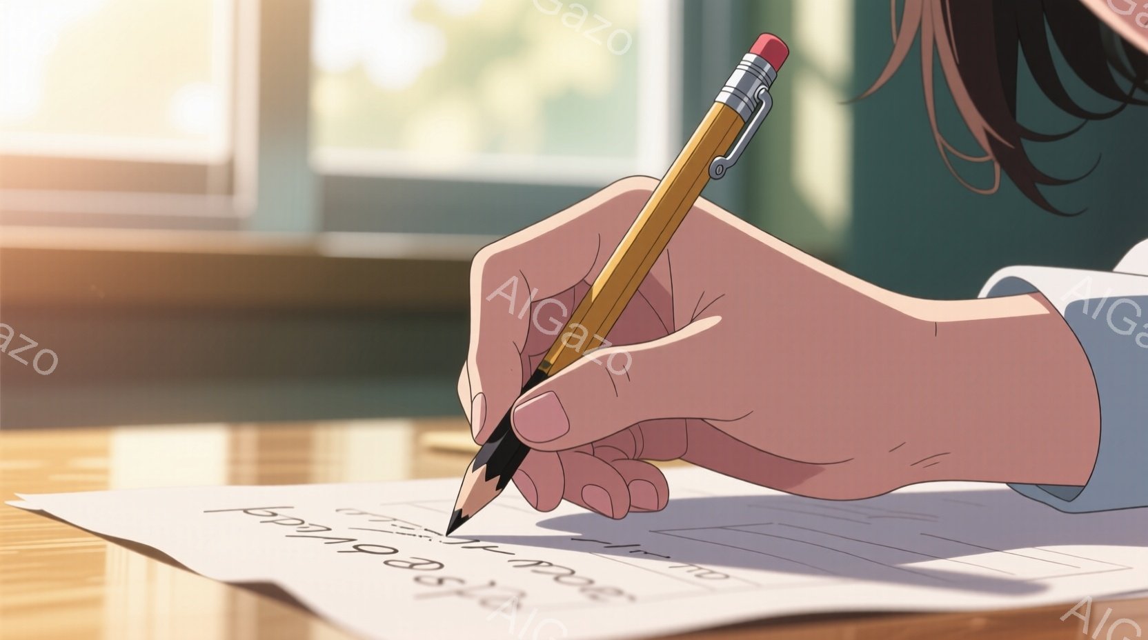 明るい光の中で、誰かの手が木製の机の上で鉛筆を使って何かを書き込んでいる様子が描かれている。袖は青いシャツで、腕は少し丸みを帯びている。背景はぼやけており、窓からの自然光が差し込み、全体的に穏やかで集中した雰囲気を作り出している。