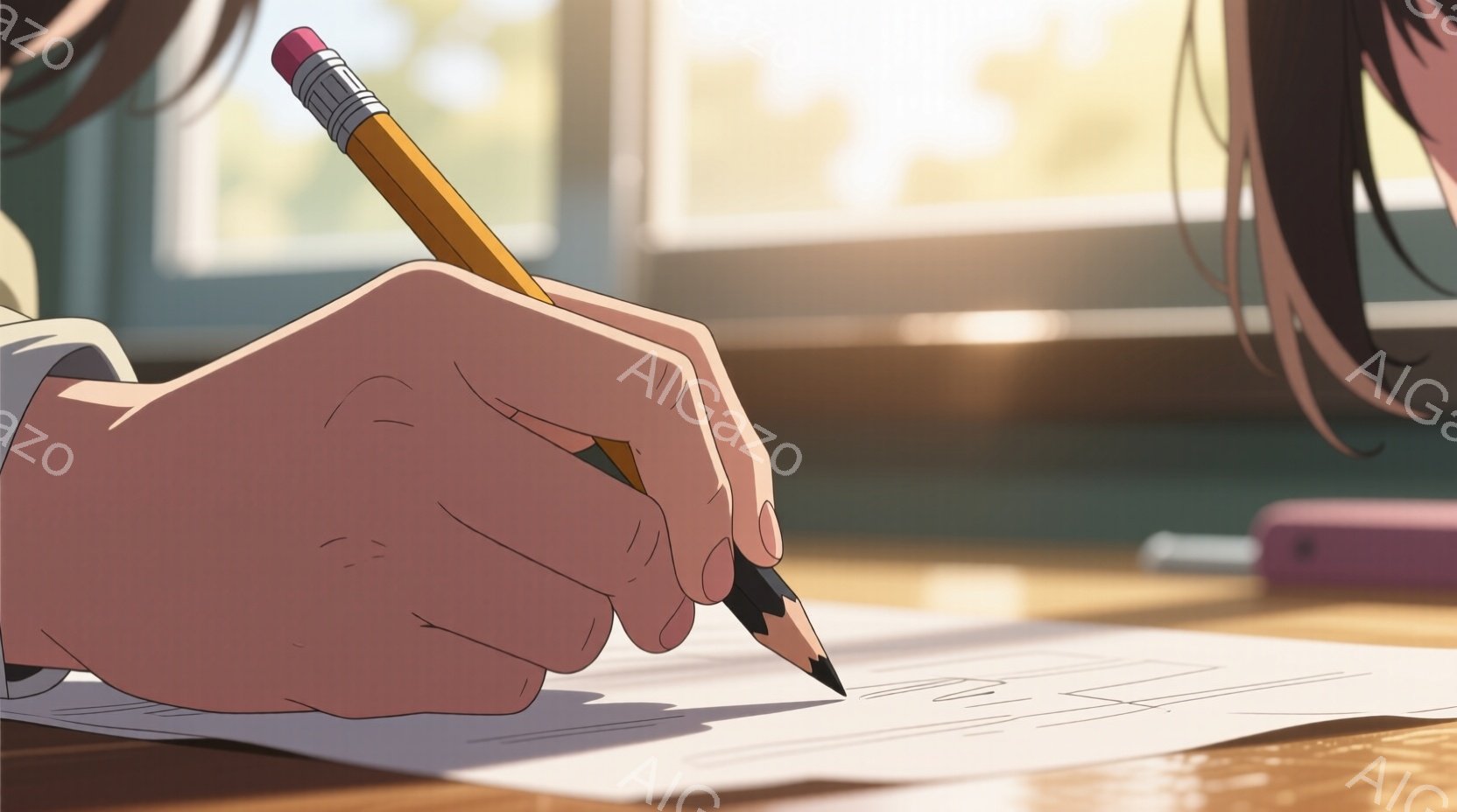 画面には、木製の机の上で鉛筆を握り、何かを描いている女性の手が写っています。彼女の髪は長く、画面の左側に少しだけ見えており、集中して作業に取り組んでいる様子が伺えます。背景は明るく、窓から差し込む光が机を照らし、穏やかで学習的な雰囲気を醸し出しています。