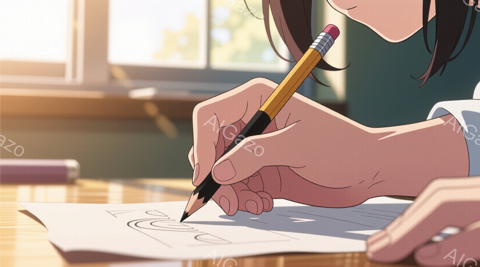 机の上で鉛筆を持つ手が、白い紙に何かを描いている様子が描かれています。描いているものは線画で、何かの設計図やイラストのようにも見えます。背景は明るい木製のテーブルと窓からの光で、穏やかで集中した雰囲気です。