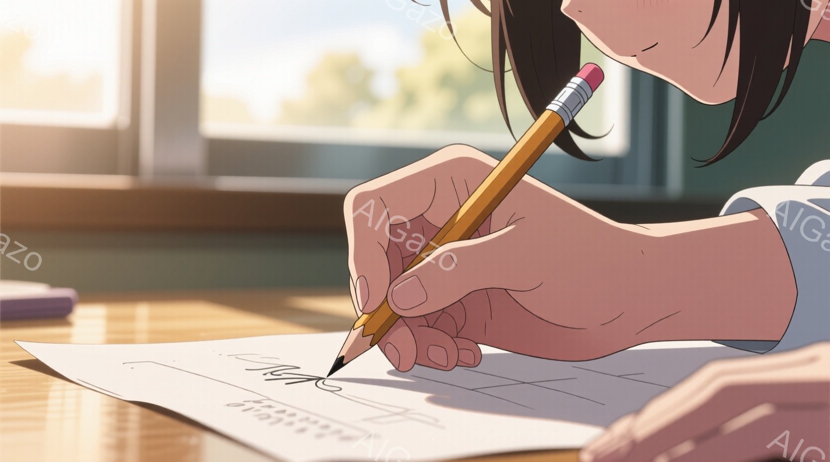 明るい教室の一室で、少女が木製の机に向かって何かを書いている様子が描かれている。彼女は短い茶髪で、白い制服のような服を着ており、集中してペンを握り、紙に文字を書き込んでいる。背景には窓から差し込む光が暖かく、教室の明るい雰囲気を強調している。