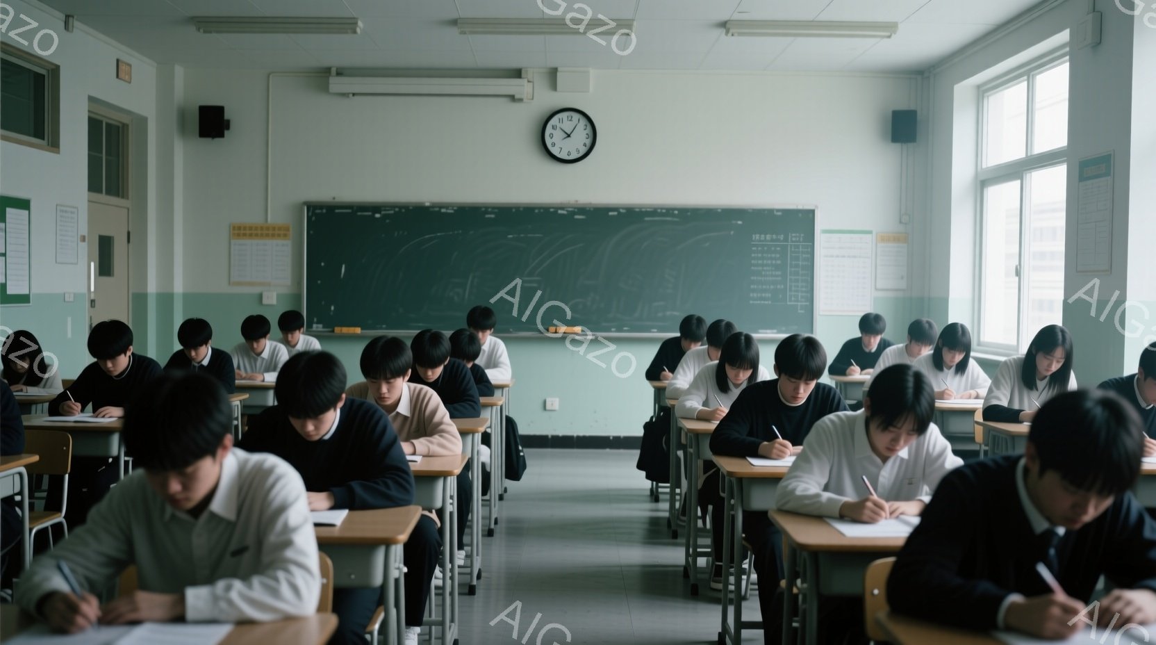 教室には、制服を着た学生たちが整然と並んで座っており、皆一斉に試験に取り組んでいる様子が伺える。ほとんどの学生は黒髪で、真剣な表情で筆記に集中しており、集中と緊張感が漂っている。窓の外には近代的な建物が見え、曇天の空が広がっており、全体的に静かで落ち着いた雰囲気である。