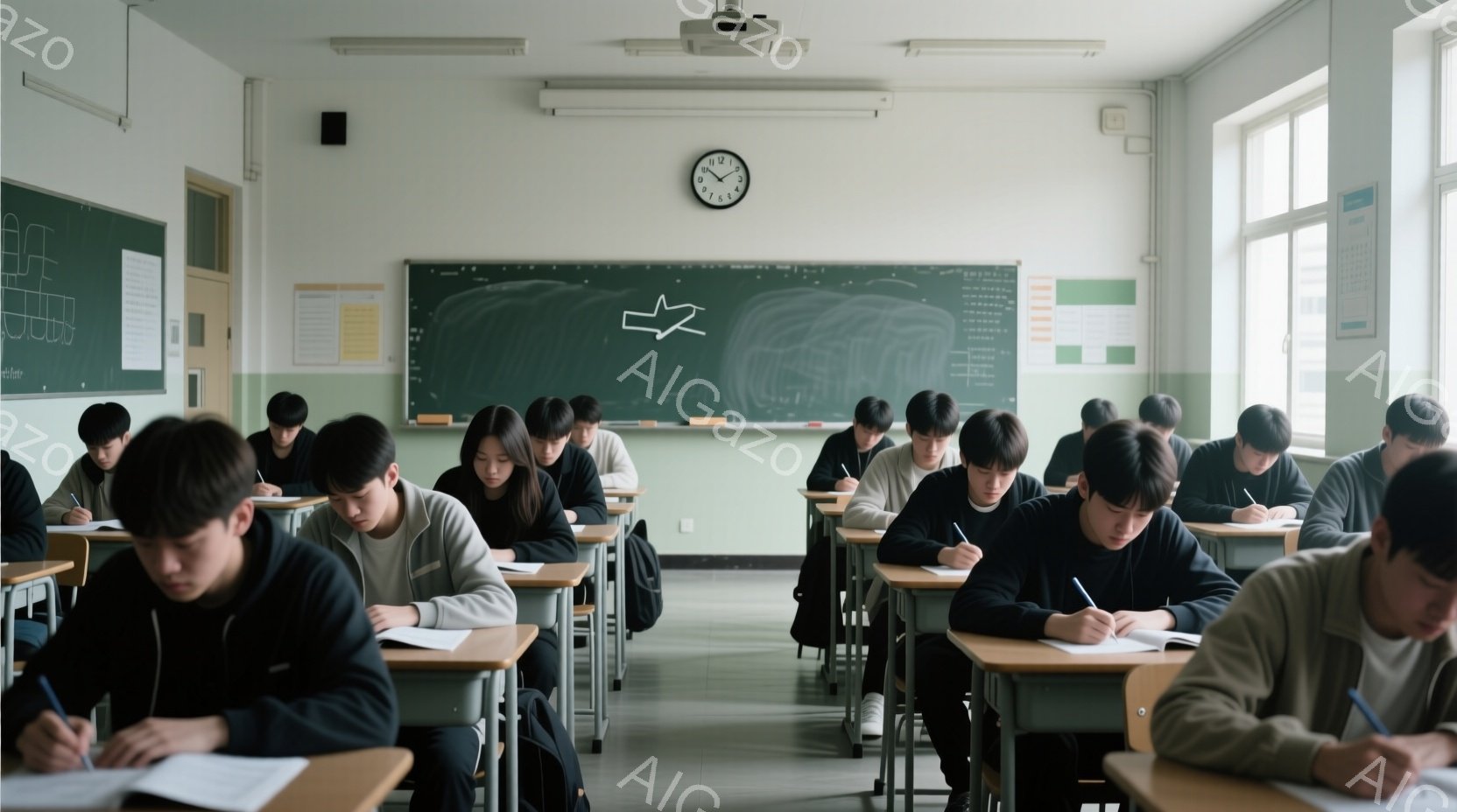 教室には生徒たちが机に向かって集中して試験を受けている様子が写っている。生徒たちは皆、黒または濃い色のセーターやジャケットを着ており、髪型は短髪またはポニーテールが多い。教室の背景には黒板があり、時計が取り付けられており、試験時間を示唆している。