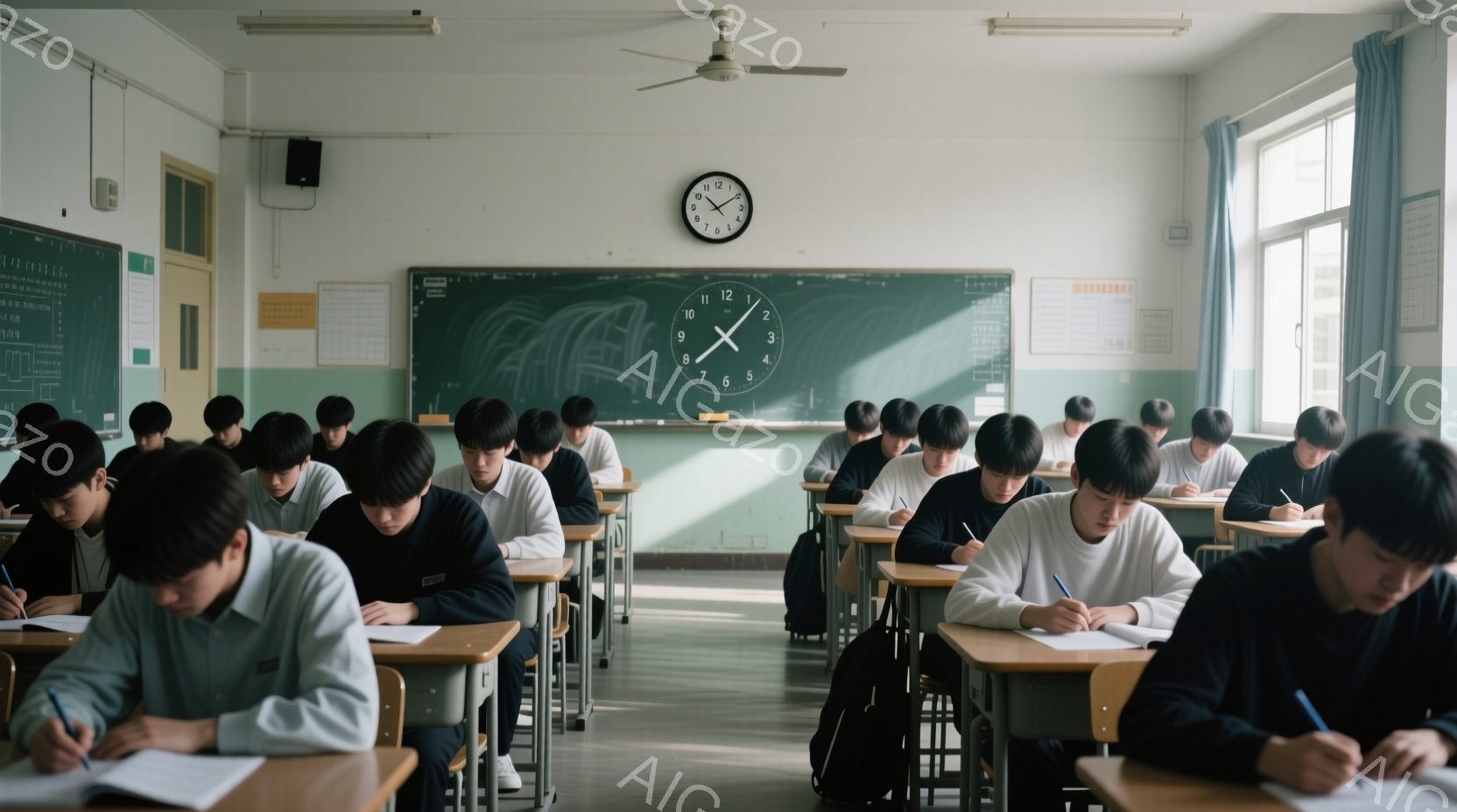 教室には多くの男子生徒が整然と並んだ机に向かって座り、真剣な表情で筆記に集中している。生徒たちは皆、白いシャツに濃い色のズボンという制服のような服装で、黒髪短髪に整えられている。教室の壁には黒板があり、時計が掛けられており、全体的に静かで集中した学習の雰囲気が漂っている。