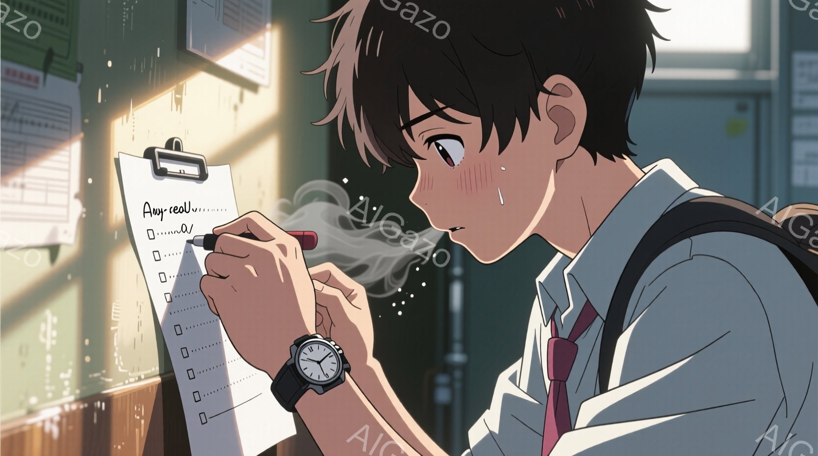 少年は白いシャツにネクタイ、制服のジャケットを着ており、少し乱れた黒髪が特徴的です。彼はクリップボードに何かを書き込んでおり、眉間にしわを寄せ、集中した表情をしています。背景は学校の廊下のようで、窓から差し込む光が埃っぽく、少しノスタルジックな雰囲気を醸し出しています。