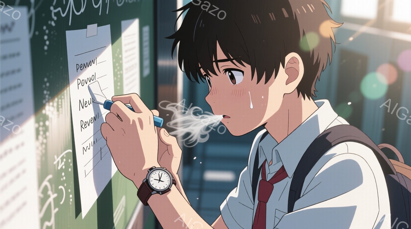 若い男性が屋外の黒板に何かを書き込んでいる様子が描かれています。彼は白い制服シャツに赤いネクタイ、紺色のブレザーを着ており、黒髪の短髪で、集中して書き込んでいるため、額には汗が浮かんでいます。背景にはぼやけた建物や木々が見え、日差しが差し込み、少しノスタルジックで青春を感じさせる雰囲気です。