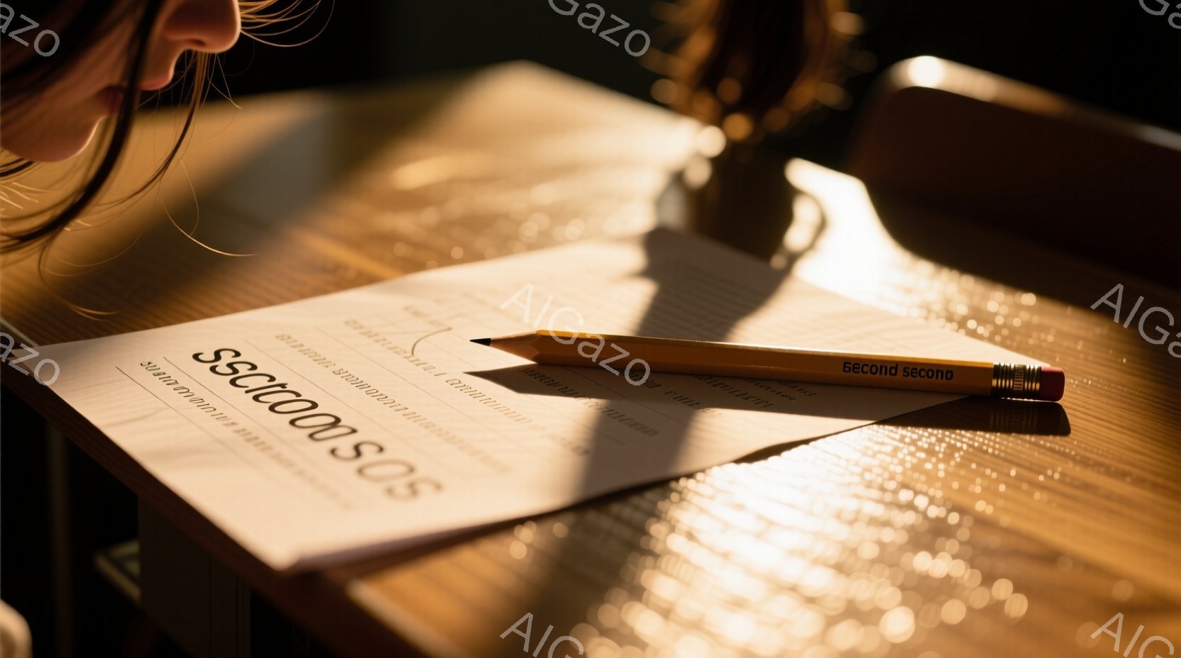 磨かれた木製のテーブルの上に紙が置かれ、その上に鉛筆が一本横たわっている。紙には何らかの文字が書かれているようだが、内容は判読しにくい。強い光がテーブルに差し込み、影を作り出し、暖かく落ち着いた雰囲気を醸し出している。