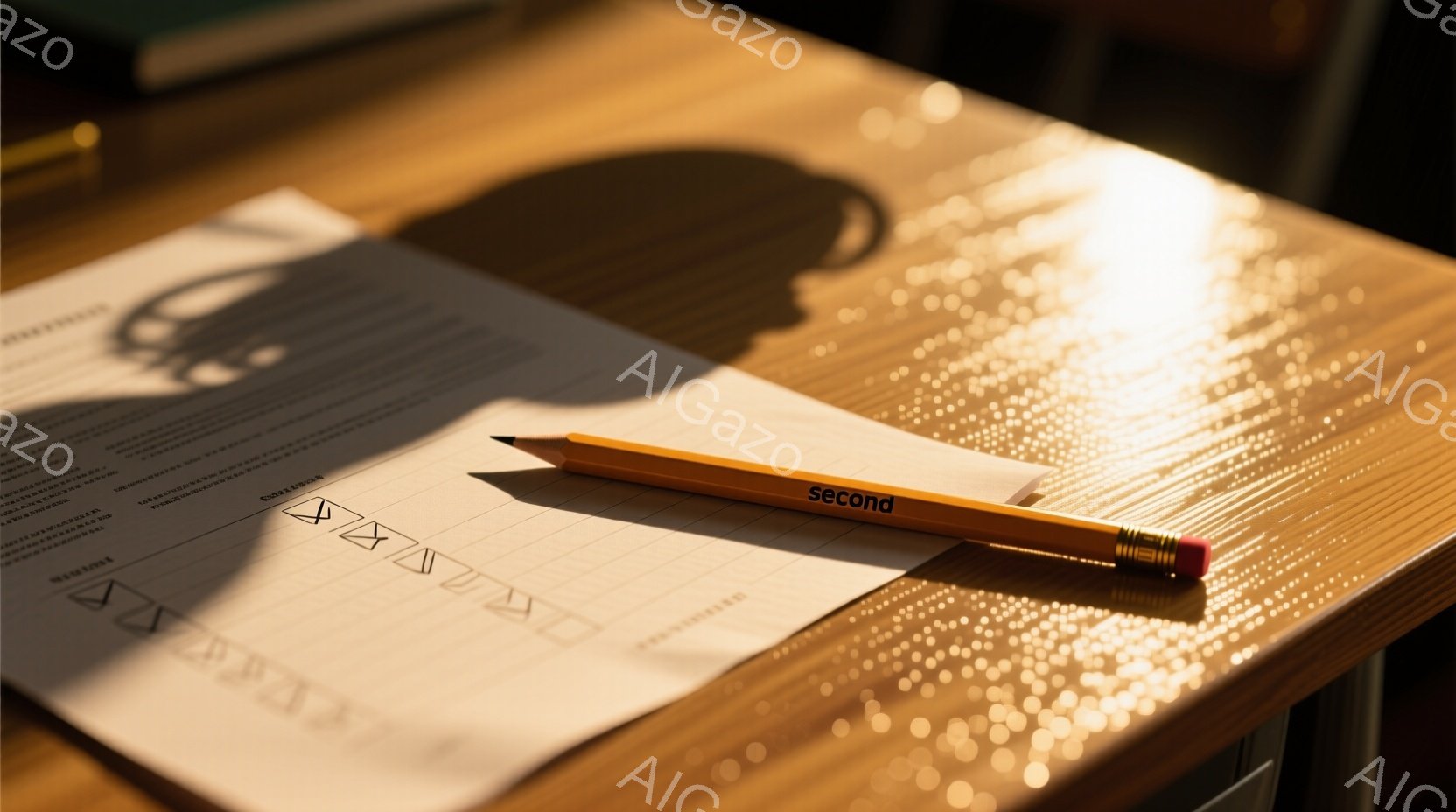 木目の美しい木製テーブルの上に、チェックマークが並んだ書類と、赤いキャップの鉛筆が置かれている。書類には細かい文字がびっしりと書かれており、鉛筆は書類の横に斜めに置かれている。光がテーブルの表面に反射し、書類の一部を明るく照らし出しており、静かで落ち着いた雰囲気を醸し出している。