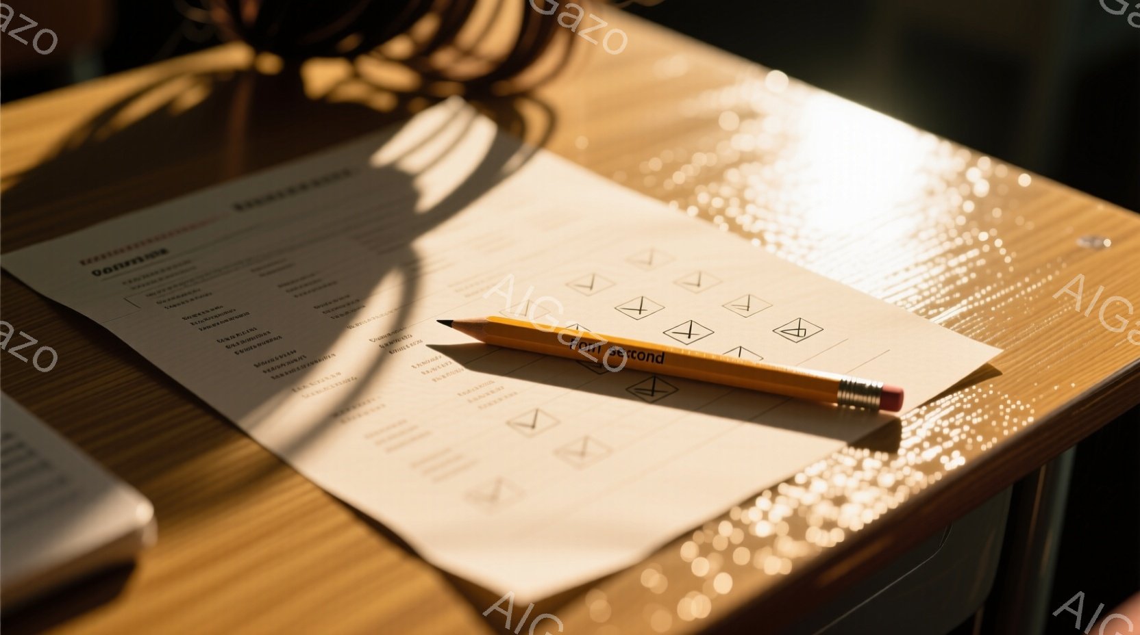 木目調のテーブルの上に、チェックボックスが並んだ書類と一本の鉛筆が置かれている。書類には細かい文字がびっしりと書かれており、鉛筆はチェックボックスの横に置かれ、使用されたような跡が見られる。温かみのある光が差し込み、書類とテーブルに影が落ち、落ち着いた雰囲気を作り出している。