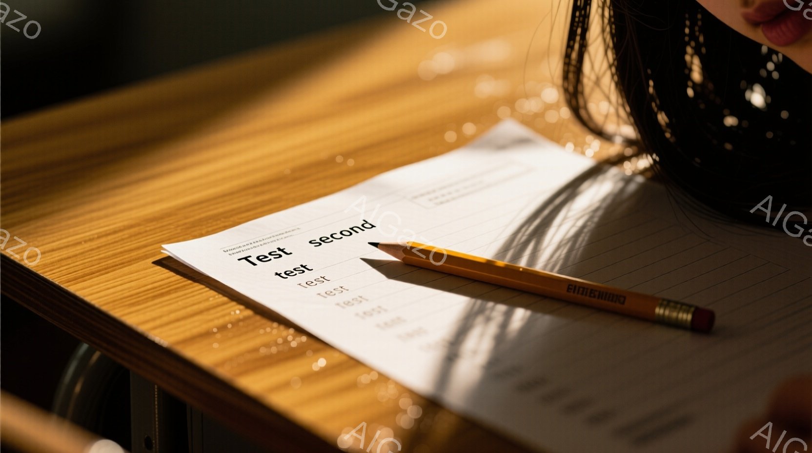 木目の美しい木製の机の上に、試験問題らしき紙が置かれ、その上に鉛筆が横たわっています。人物は画面の端にわずかに映っており、おそらく暗い色の髪で、試験問題に集中している様子が伺えます。全体的に暖色系の色調で、集中して勉強に取り組む、静かで落ち着いた雰囲気が漂っています。