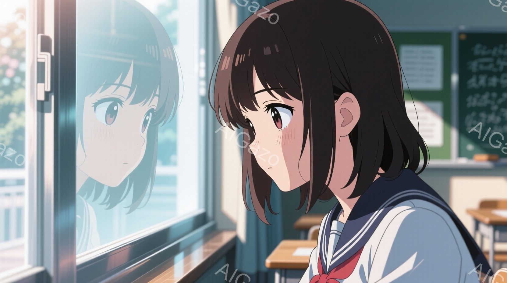 少女は学校の教室で窓の外を見つめており、制服姿で、少し寂しげな表情を浮かべている。彼女の髪はダークブラウンで肩にかかる長さ、前髪はぱっつんカットで、目は大きく潤んでいる。教室の中には机と椅子が見え、窓の外には緑豊かな木々と明るい空が広がっており、穏やかで少し物憂げな雰囲気を醸し出している。