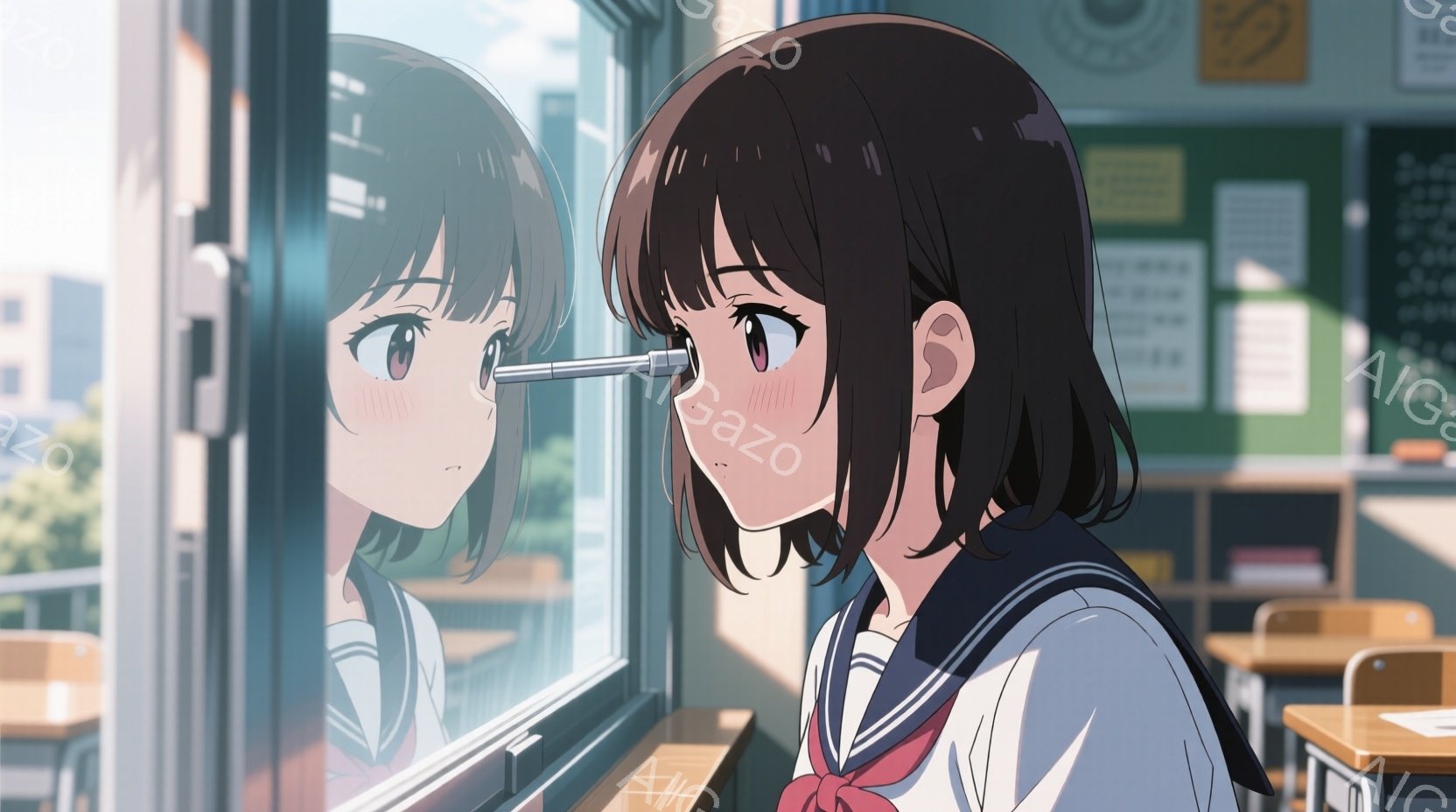 短い黒髪の少女が教室の窓際に立っている。彼女はセーラー服を着ており、少し憂いを帯びた表情で外を見つめている。背景には穏やかな晴天と緑豊かな建物が見え、教室の中は木製の机と椅子が並び、全体的に少し切なく - AI生成フリー素材