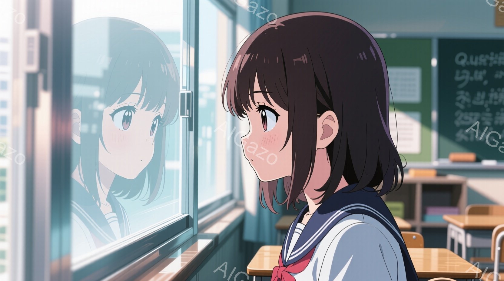 短い黒髪の少女が教室の窓際に立っている。制服姿で、セーラーカラーと赤いリボンが特徴的だ。彼女は窓の外を見つめ、頬を赤らめている、少し憂いを帯びた表情をしている。