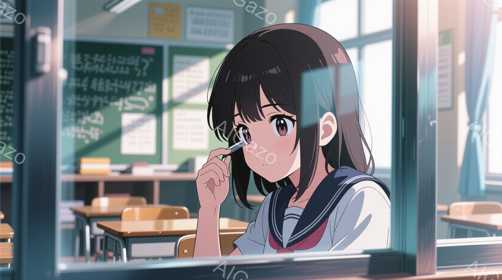 茶髪の少女が教室の窓際に座り、考え込んでいる様子が描かれている。彼女はセーラー服を着ており、髪を少しカールさせている。窓の外には日差しが差し込み、教室内の机と椅子が照らされている。
