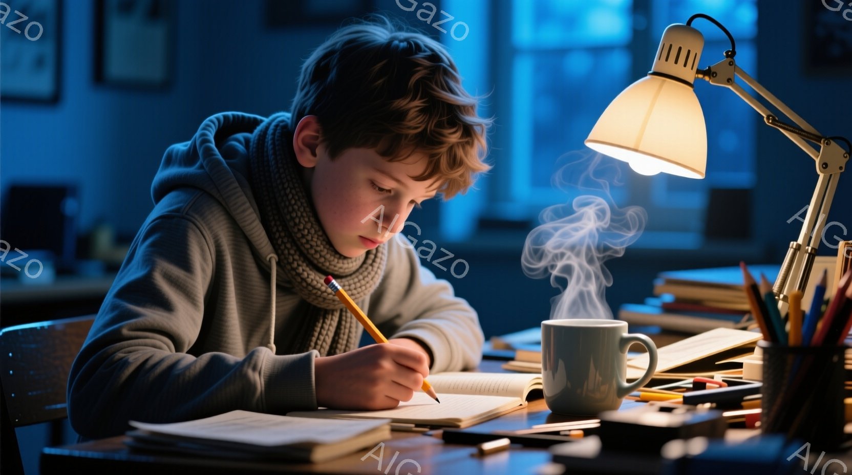 少年は薄暗い部屋で机に向かい、集中して勉強している。彼はグレーのパーカーを着ており、茶色の髪は少し無造作にセットされている。机の上には開いたノート、鉛筆、色鉛筆、そして立ち上る湯気の立つマグカップがあり、学業に励む静かで熱心な雰囲気が漂っている。