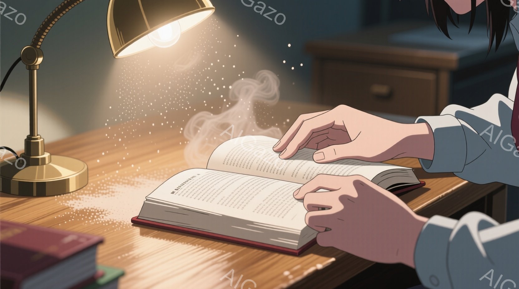 机の上に開かれた本があり、金色のデスクランプが本を照らしている。本のページから立ち上る蒸気のような光が幻想的な雰囲気を醸し出しており、読書に集中している人物の手が描かれている。背景には木製の家具が見え、落ち着いた暖色系の照明が空間全体を包み込んでいる。