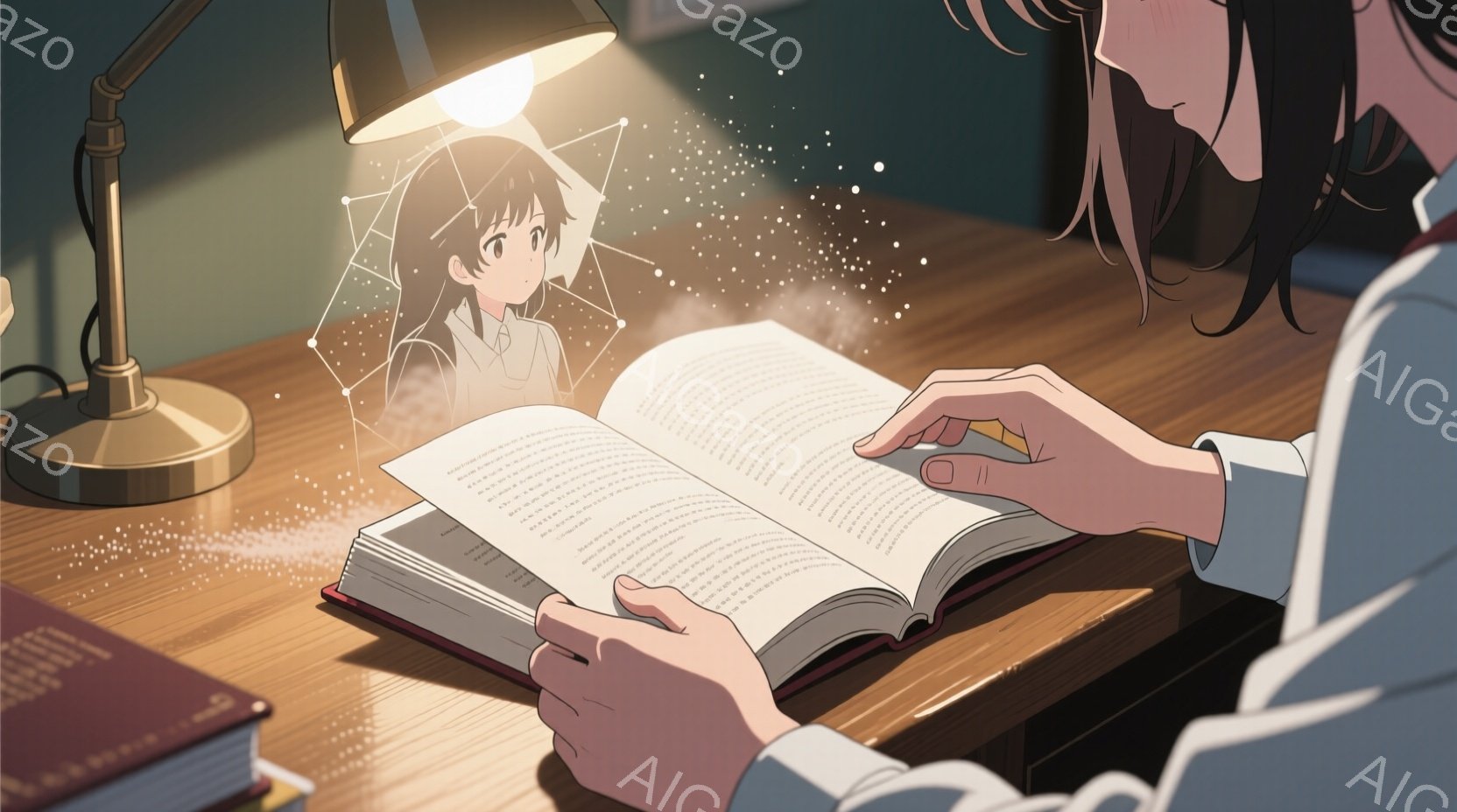 机の上に開かれた本があり、ページから光り輝く少女のホログラムが立ち昇っている様子が描かれている。少女は黒髪で、制服のような服装をしており、少し困ったような表情をしている。暖色の照明と本のページから溢れる光が、神秘的で幻想的な雰囲気を醸し出している。