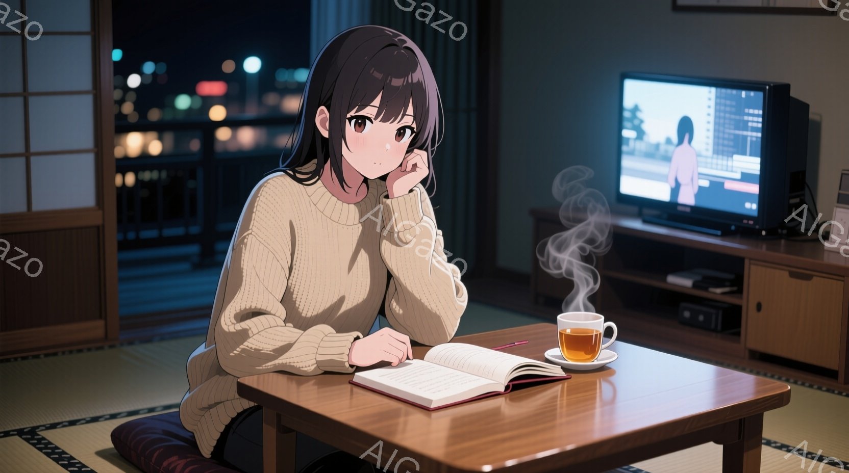茶色の髪の女性が、座布団の上で膝を抱え、ローテーブルを挟んで開いた本と湯気の立つ茶碗を見つめている。彼女はクリーム色のセーターを着ており、わずかに物憂げな表情をしている。背景には薄暗い部屋と、夜景が見 - AI生成フリー素材