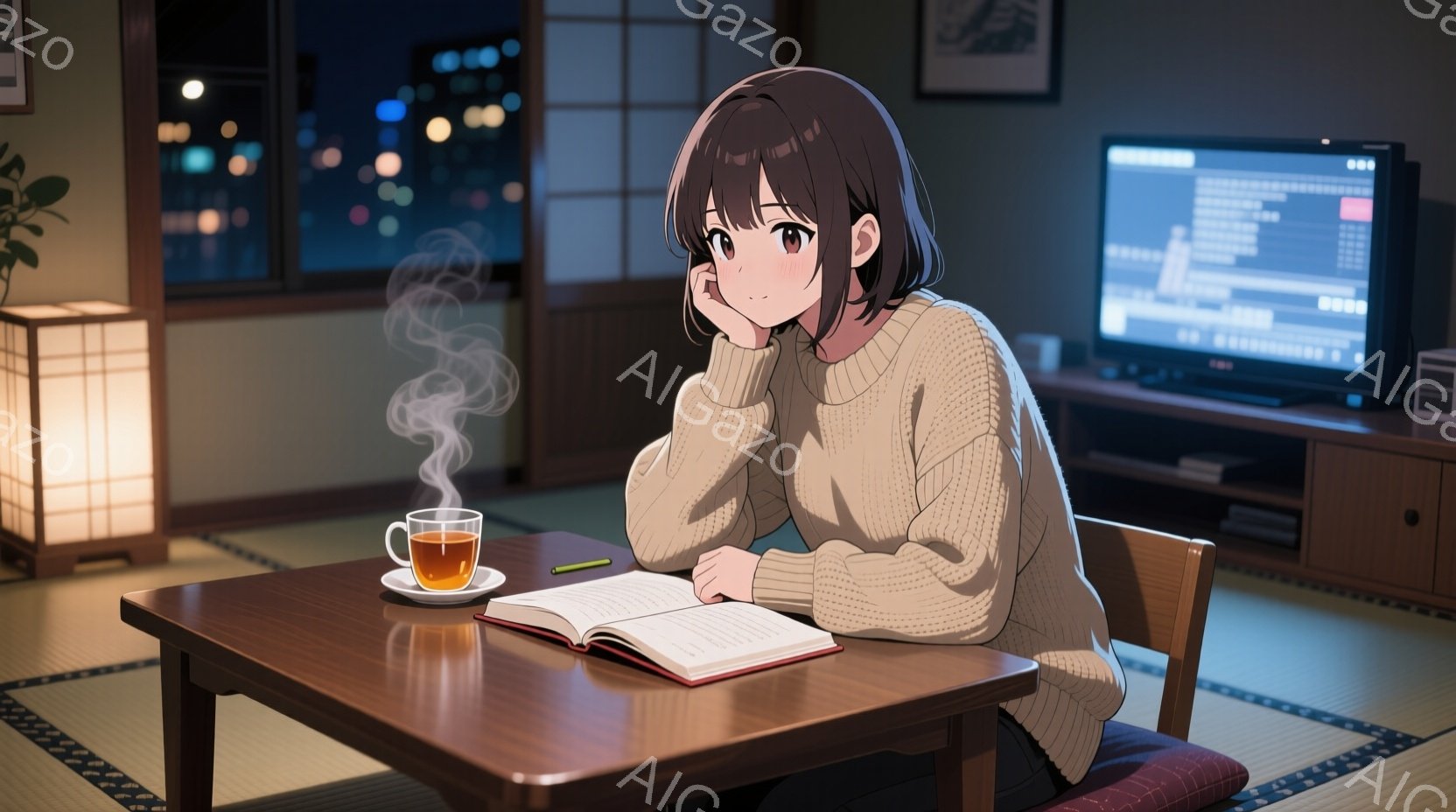 部屋の中には、茶色のセーターを着た若い女性が座っています。彼女はテーブルに開いた本と湯気の立つ茶碗を置き、少し物憂げな表情で遠くを見つめています。背景には薄暗い部屋、畳の床、テレビ、そして夜景が見え、 - AI生成フリー素材