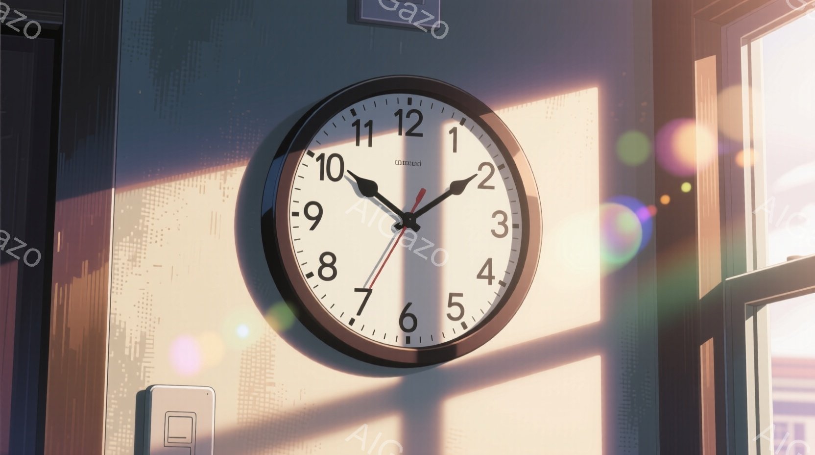 白い壁に黒い文字盤の時計が掛かっています。時刻は少し過ぎた5時を指しており、窓から差し込む光が時計と壁に影と輝きを作り出しています。背景には建物の窓が見え、暖かく穏やかな雰囲気を醸し出しています。