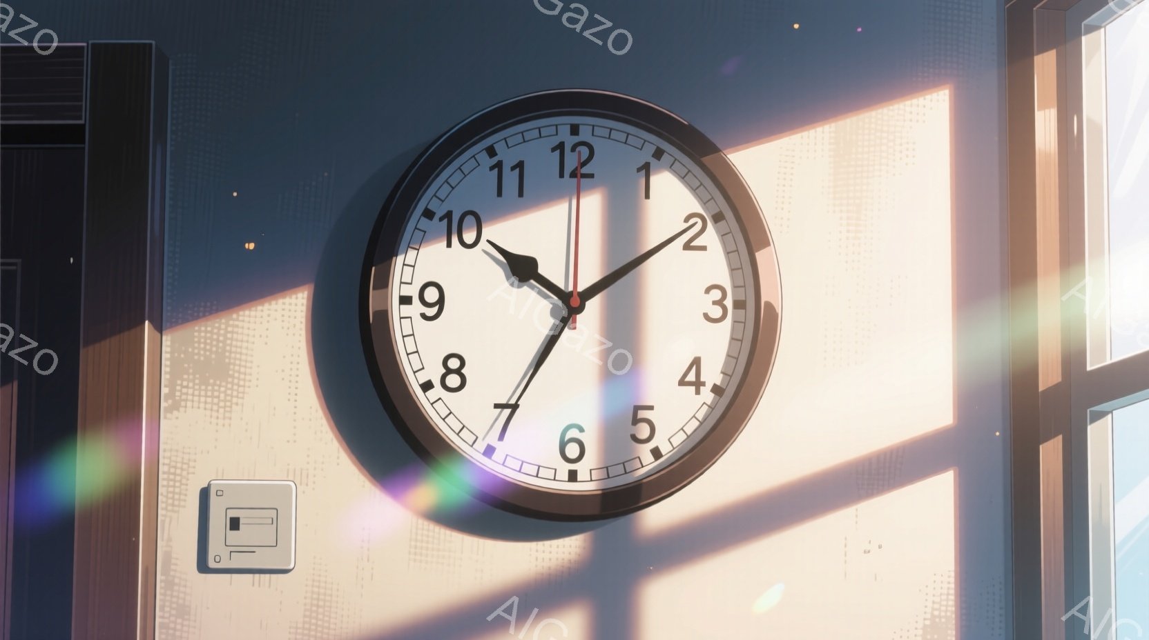 教室の壁に掛けられた丸い時計が印象的な画像です。時間は午前10時頃を示しており、窓から差し込む光によって、壁と床に淡い影と光の筋が描かれています。全体的に静かで、どこか懐かしい雰囲気が漂っています。