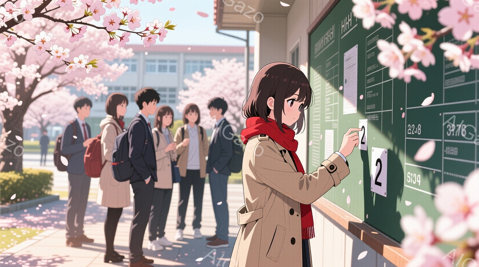 桜が舞う高校の前に、制服を着た生徒たちが列を作っている。一人の少女はベージュ色のトレンチコートと赤いマフラーを身につけ、掲示板の番号を確認している様子で、やや緊張した表情をしている。背景には近代的な校舎と、春の柔らかな日差しが降り注ぐ穏やかな雰囲気が広がっている。