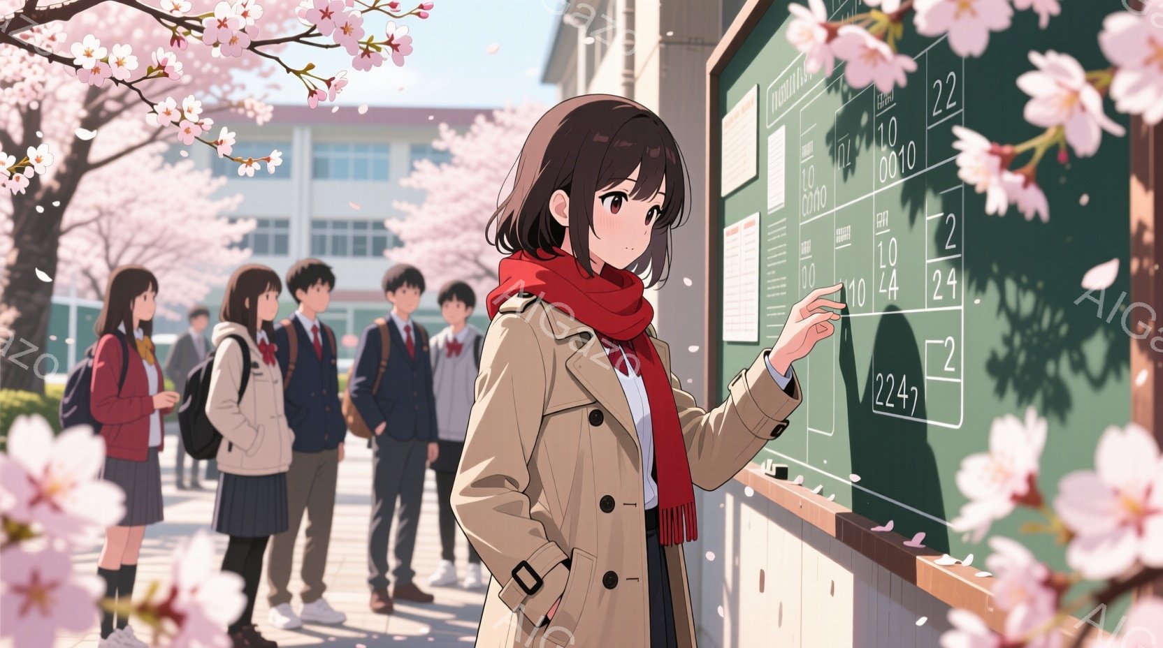 制服姿の女子高生が、桜並木の近くにある掲示板を指して何かを確認しています。彼女はトレンチコートと赤いマフラーを身につけ、髪は短く、やや上目遣いで集中した表情をしています。背景には他の生徒たちが並び、桜の花びらが舞う春の穏やかな陽気が感じられます。